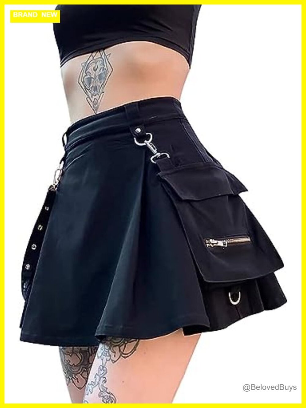 Pleated Mini Skirt with Chain High Waisted A-Line Polyester